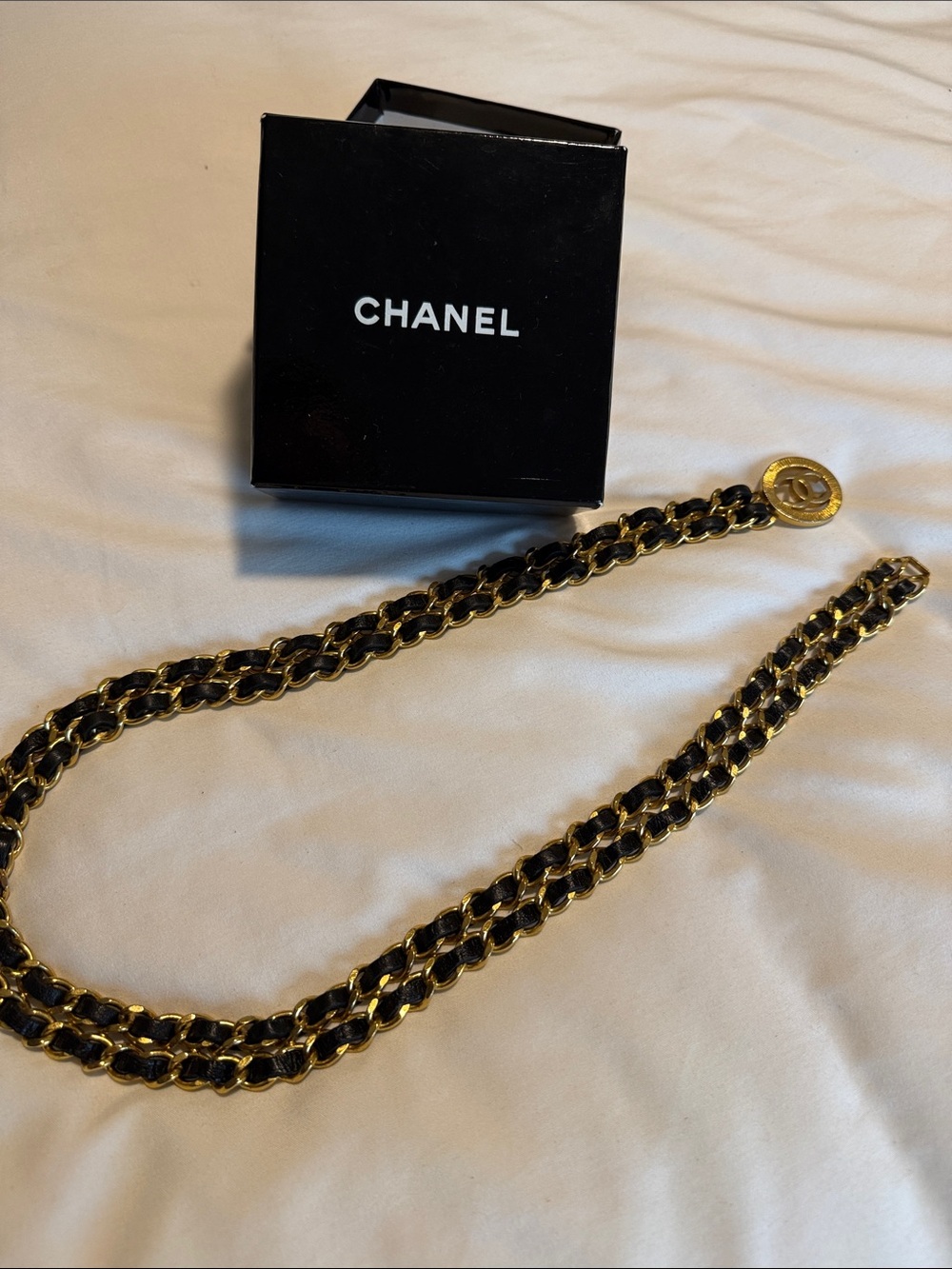 CHANEL Double Black and Gold Row of Chain/Leather CC Medallion vintage belt 28in